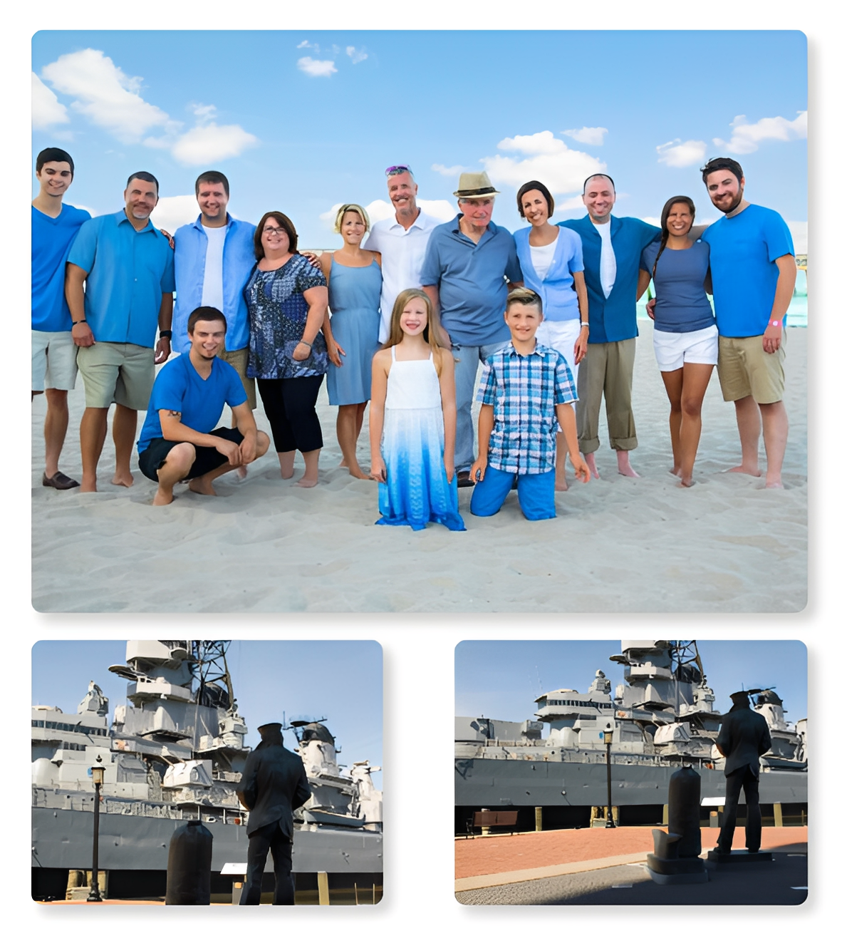 Family posing on a sandy beach.