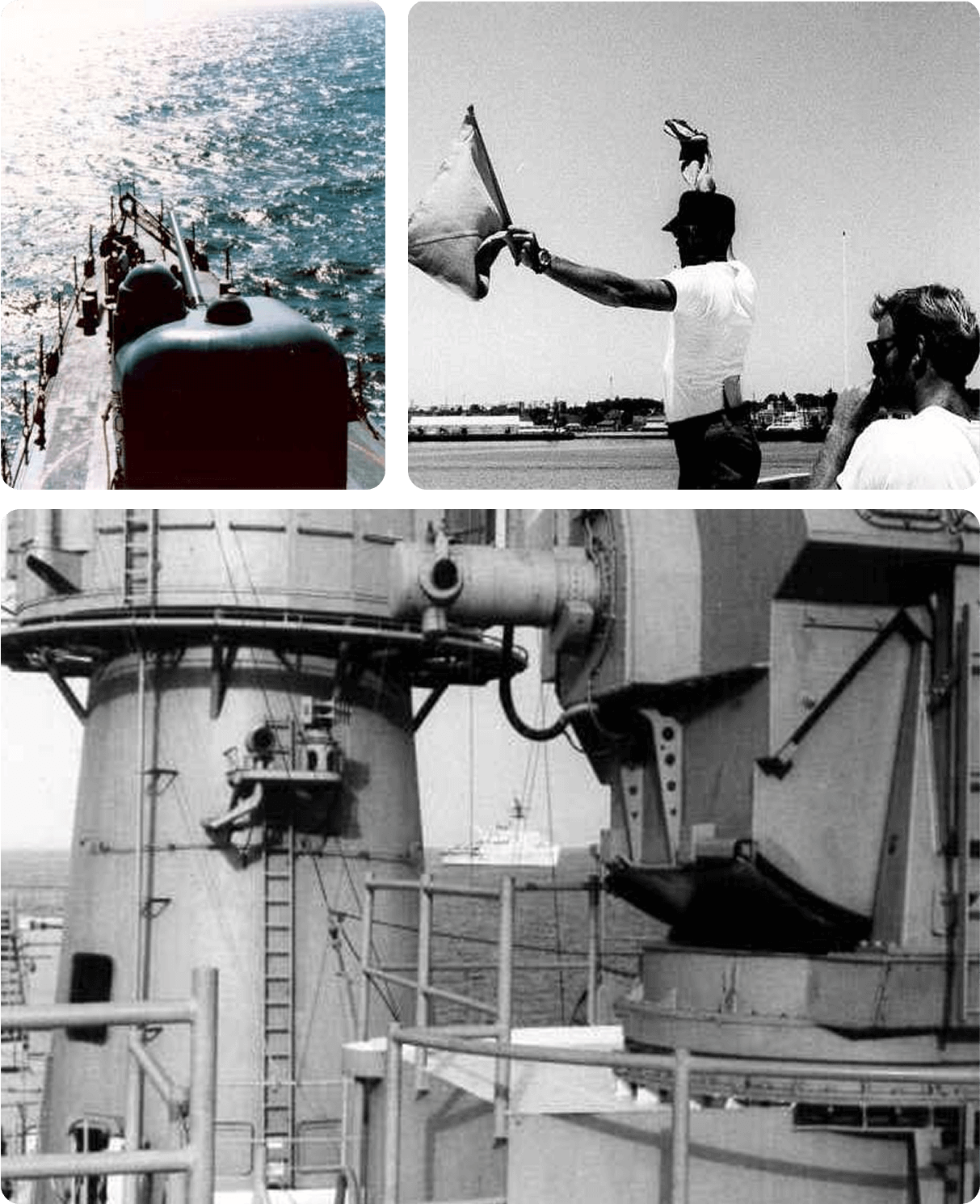 Navy operations: submarine, signal flags, radar equipment.
