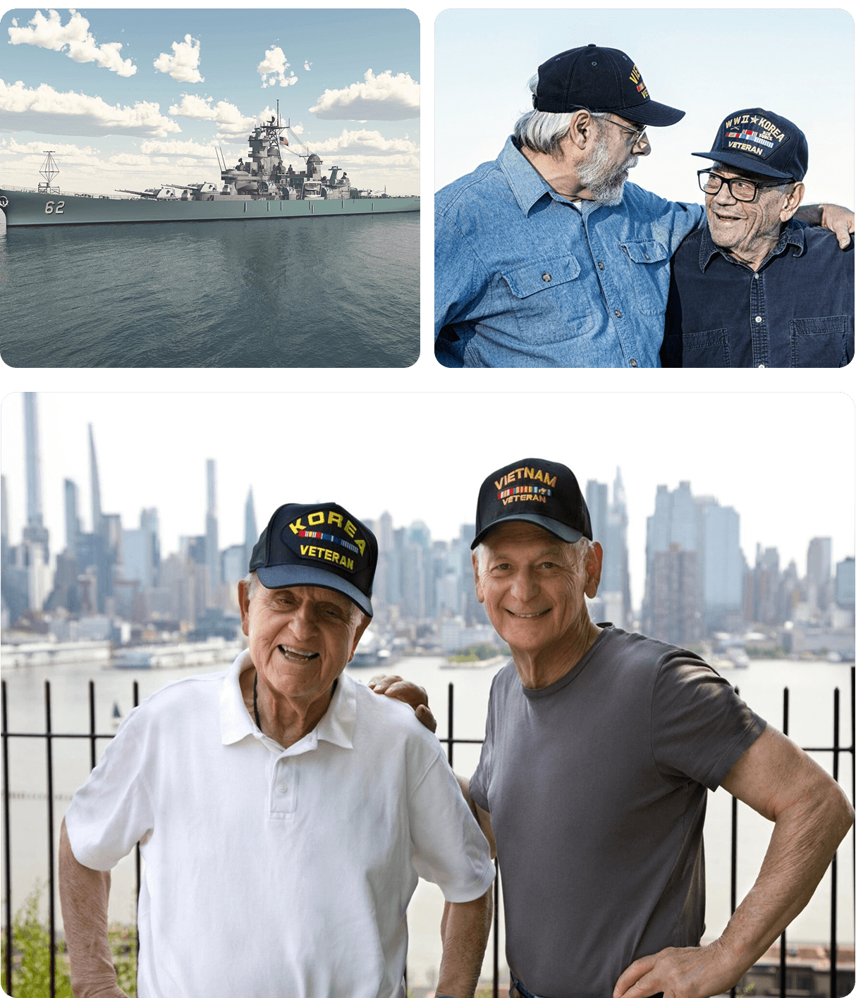 Military veterans and battleship with city skyline.