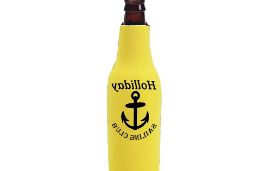 Yellow bottle koozie with anchor design.