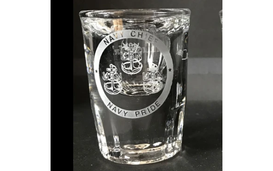 Navy Chief shot glass with engraved emblem.