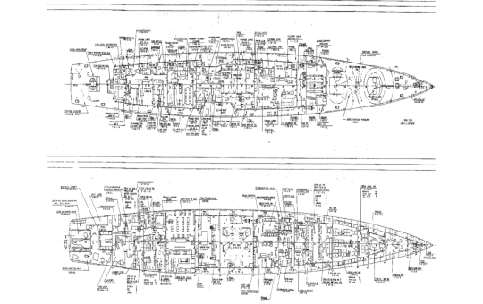 Detailed yacht blueprint with labeled sections.