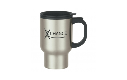 Silver travel mug with black lid and handle.
