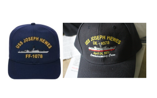 USS Joseph Hewes hats with ship insignia.