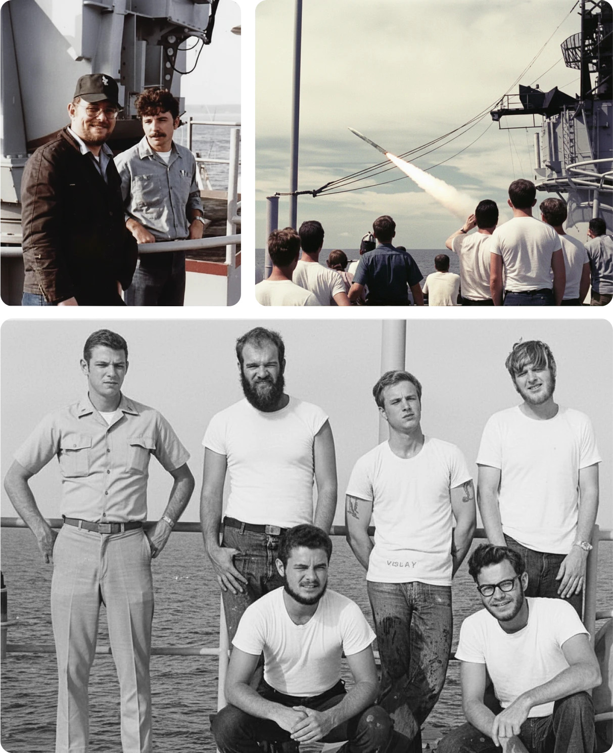 Sailors on ship with missile launch sequence.