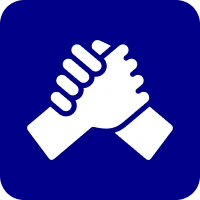 Two hands clasped on blue background.